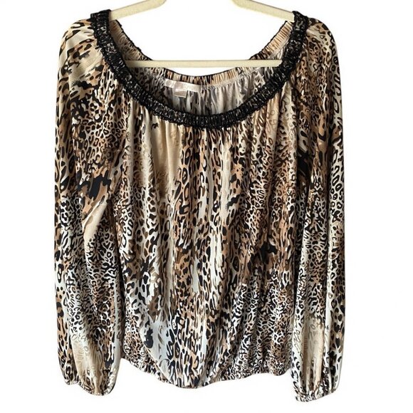 Boston Proper Cheetah Leopard Off the Shoulder Lace Trim Long Sleeve Top S - Picture 1 of 9
